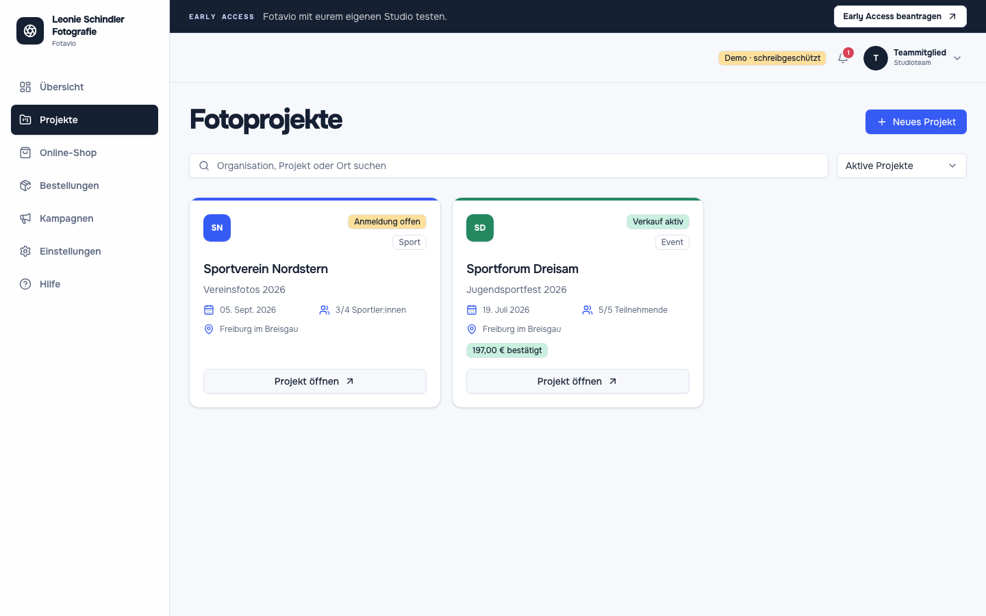 Fotavio-Oberfläche zum Thema Erstes Projekt anlegen