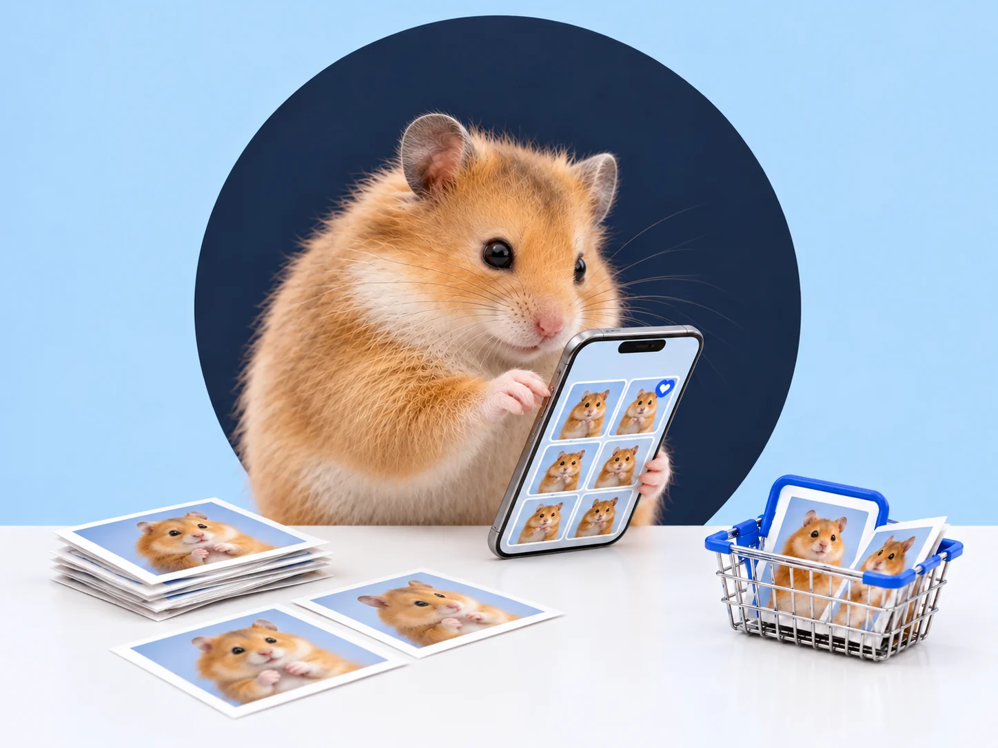 Goldhamster wählt am Smartphone Favoriten aus und legt Fotoabzüge in einen Warenkorb