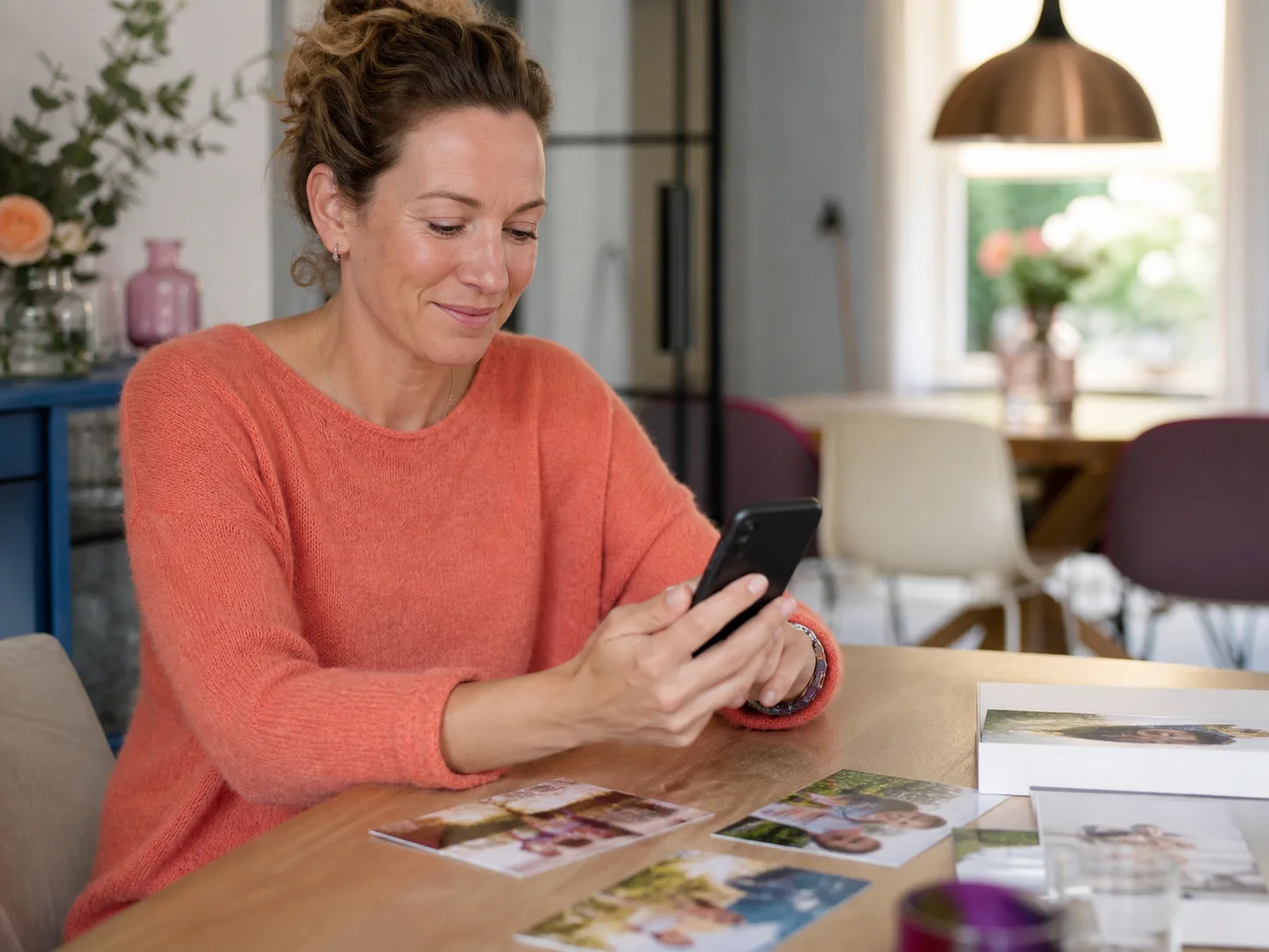 Kundin betrachtet Fotos auf ihrem Smartphone und als Prints