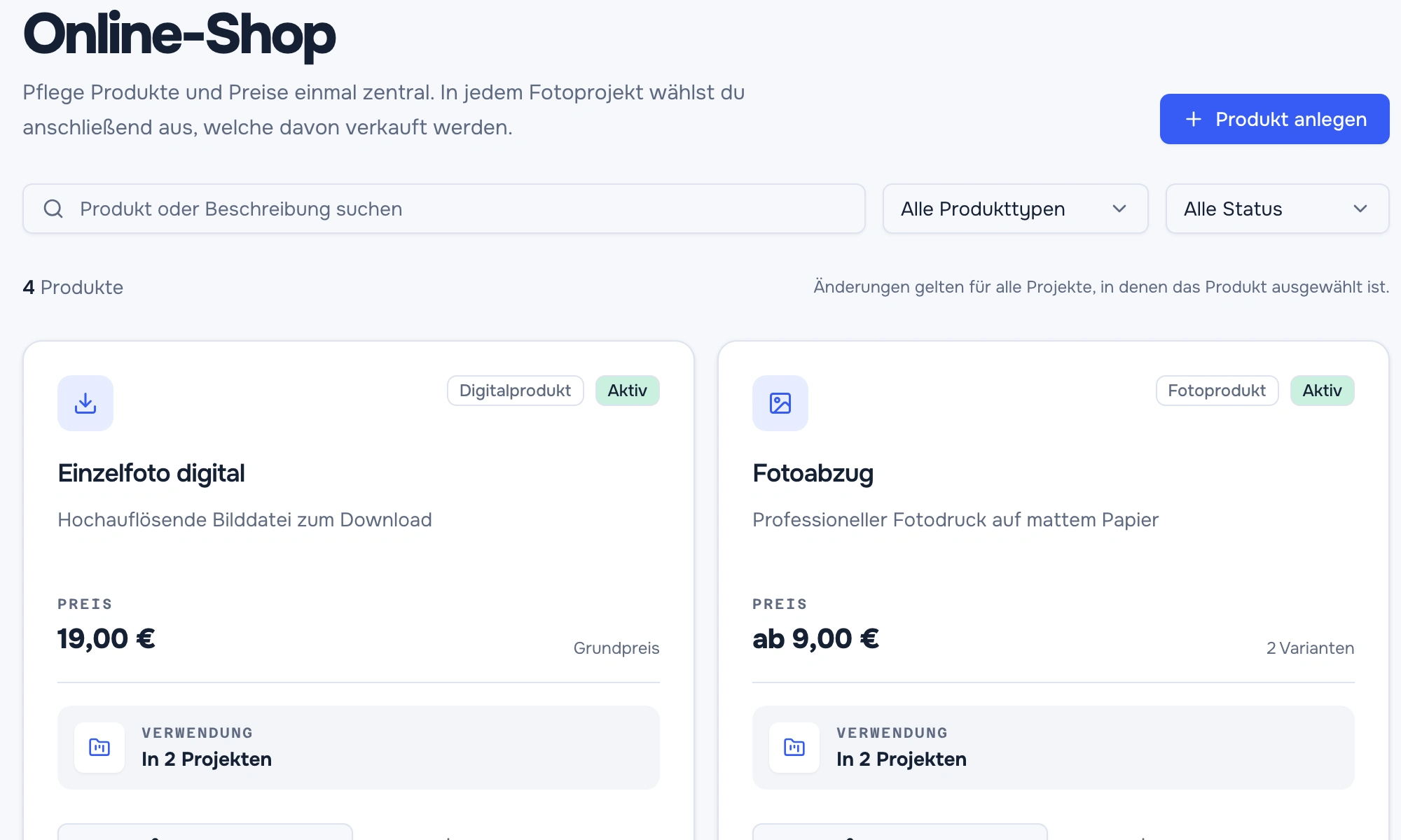 Fotavio-Produktkatalog mit digitalen Produkten, Fotoabzügen und Paketen